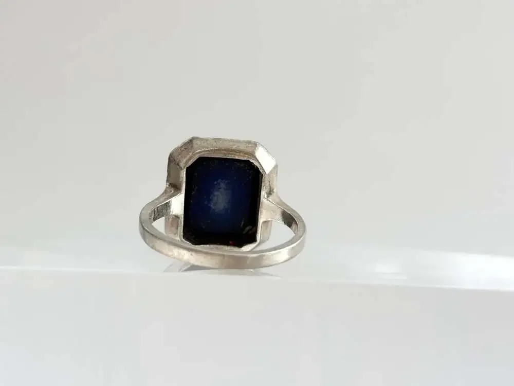 Lapis Lazuli Blue Octagon Shaped Marcasite Framed Gemstone Bezel Set Sterling Si